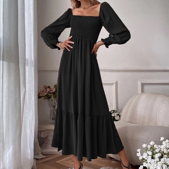 Boho black shirted ruffle hem flounce sleeve maxi dress - Picture 8 of 16